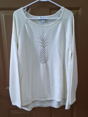 Tommy Bahama Cream Knit Long-Sleeve Top with Metallic Pineapple